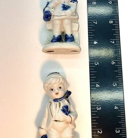 Vintage Holland Figurine Set Farm Boy Girl On Bench Porcelain Blue White Gold - Picture 4 of 11
